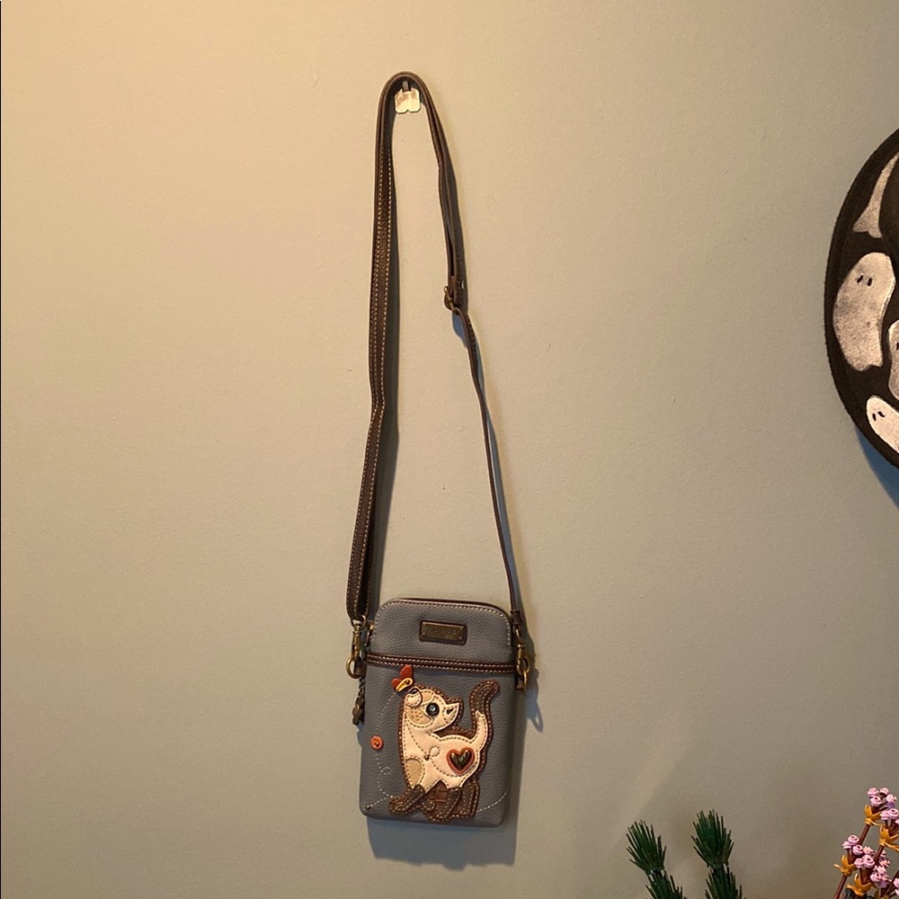 Chala Blue and Brown Crossbody Bag with Cat Charm